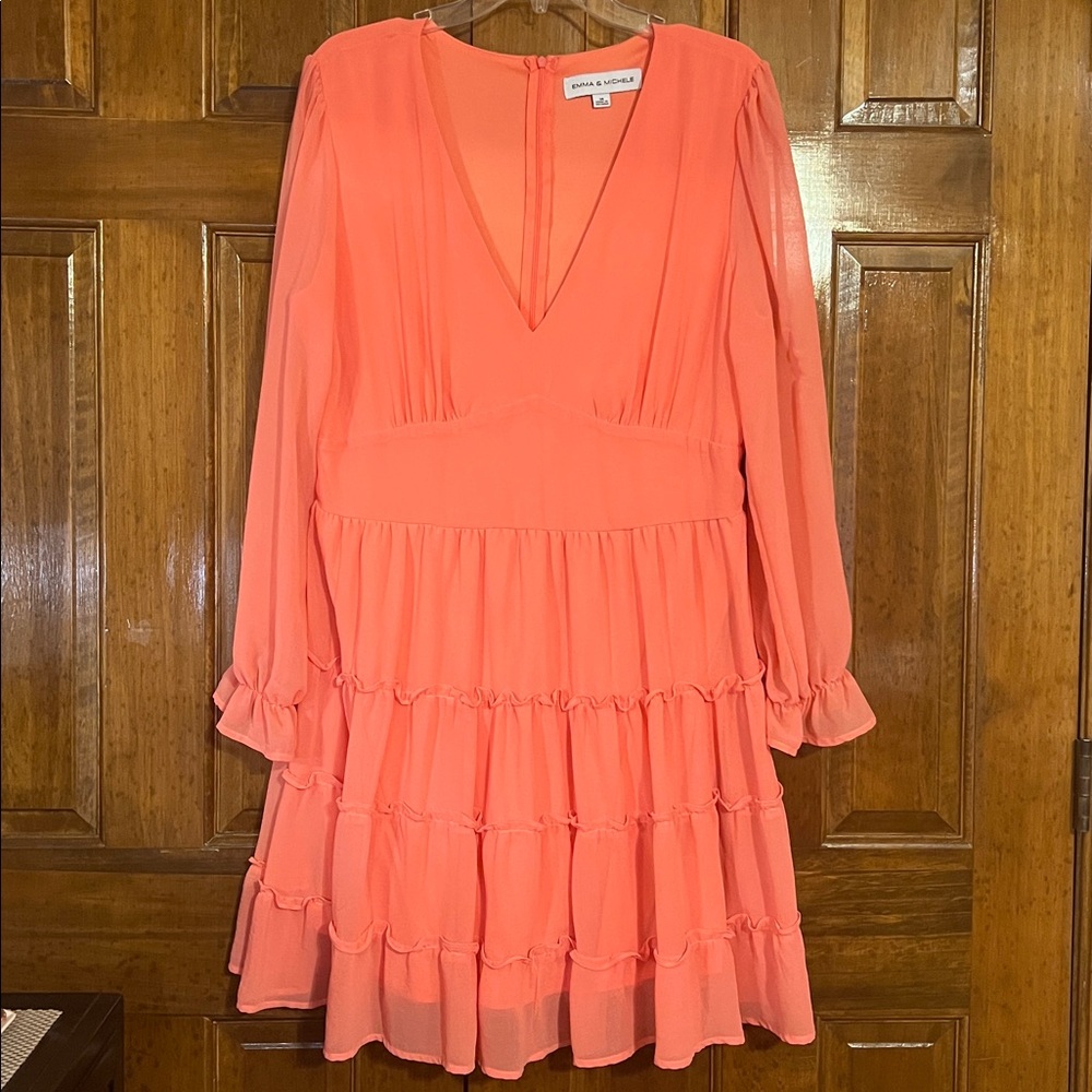 Women's Long Sleeve V-Neck Solid Tier Chiffon Dress